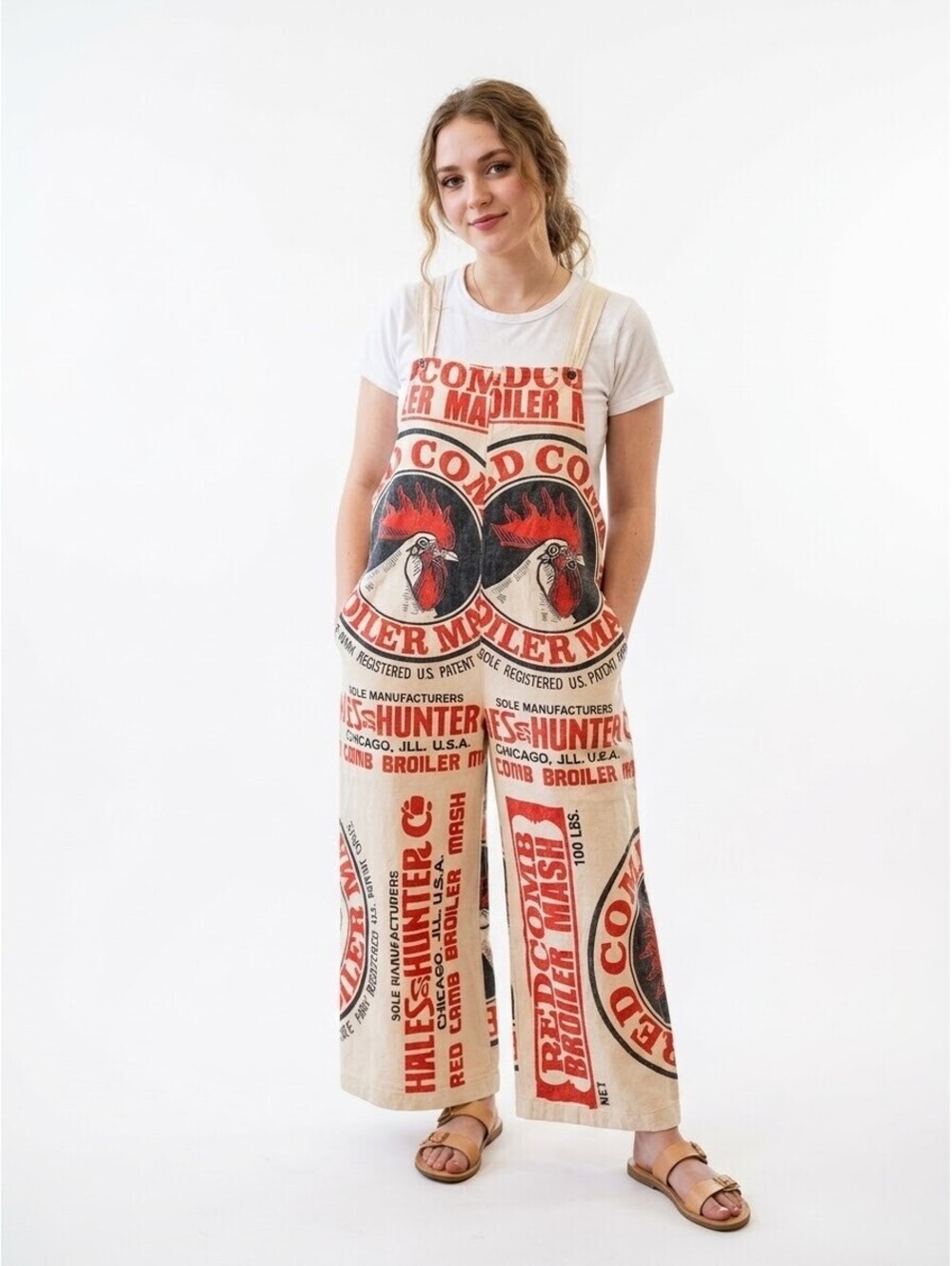 Vintage Sack Red Comb Broiler Mash Printed Wide Leg Overalls